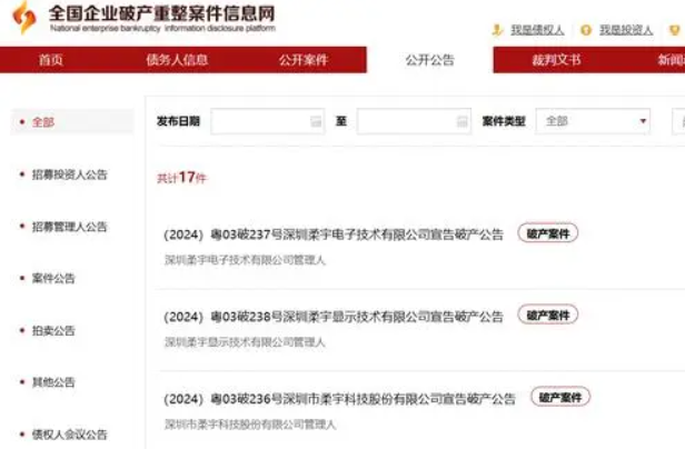 深圳中院宣告深圳柔宇显示技术有限公司破产